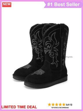 Suede Cowboy Boots Knee High Winter Snow Boots Faux Fur Lined